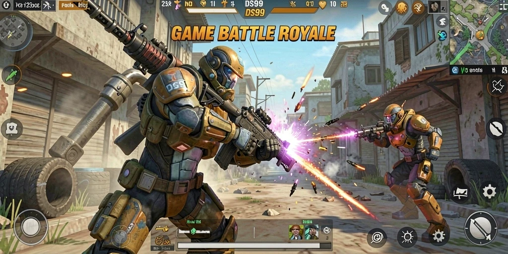 Tangkapan layar gameplay DS99 menampilkan aksi pertempuran yang intens di arena Battle Royale.