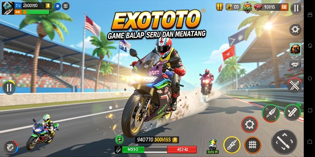 Gameplay seru dan grafis menawan dalam EXOTOTO yang menghadirkan balapan motor legendaris.