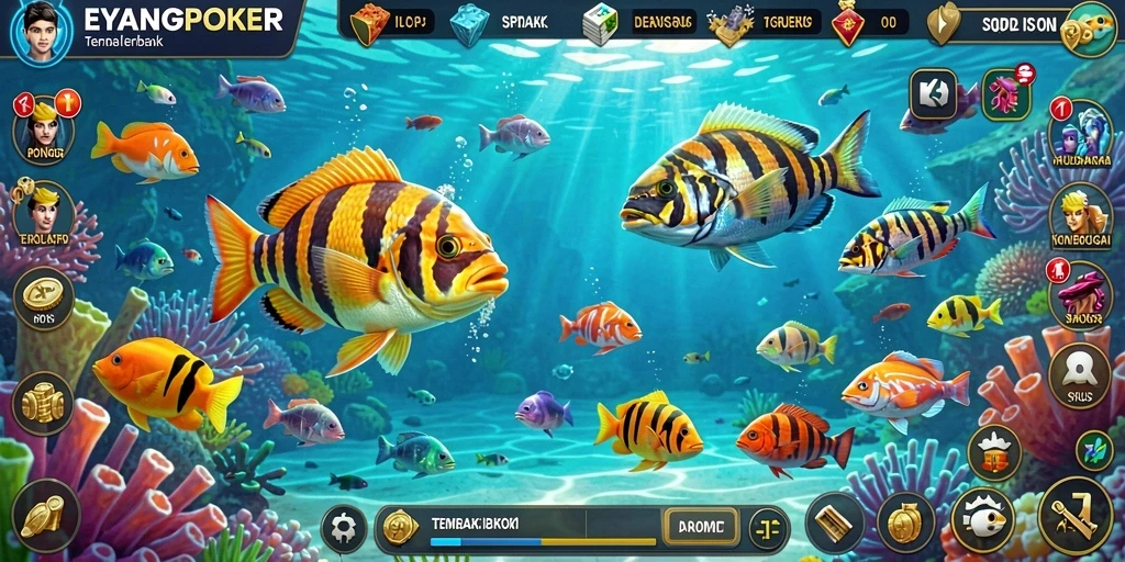 Screenshot gameplay EYANGPOKER menampilkan aksi menembak ikan yang seru.