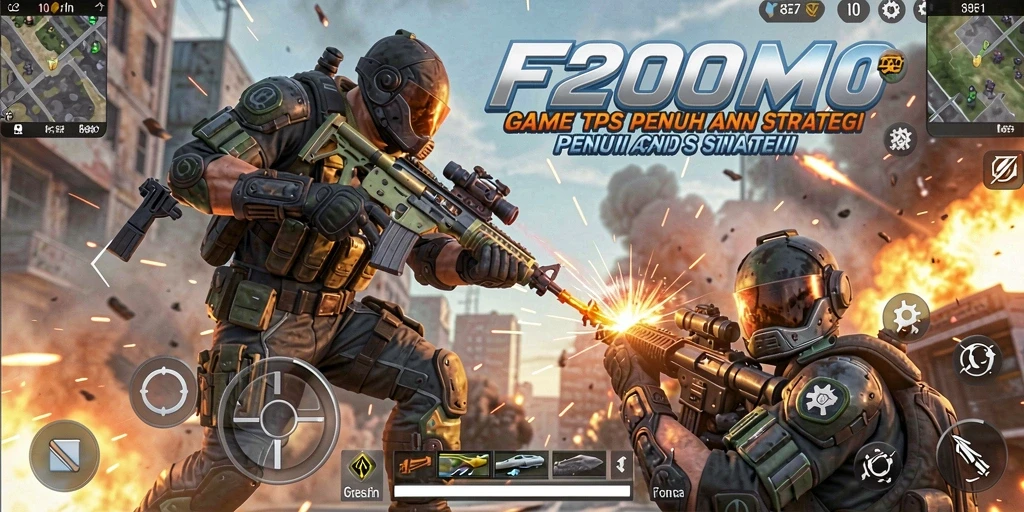 Tampilan screenshot utama F200M menunjukkan momen aksi seru dalam gameplay TPS.