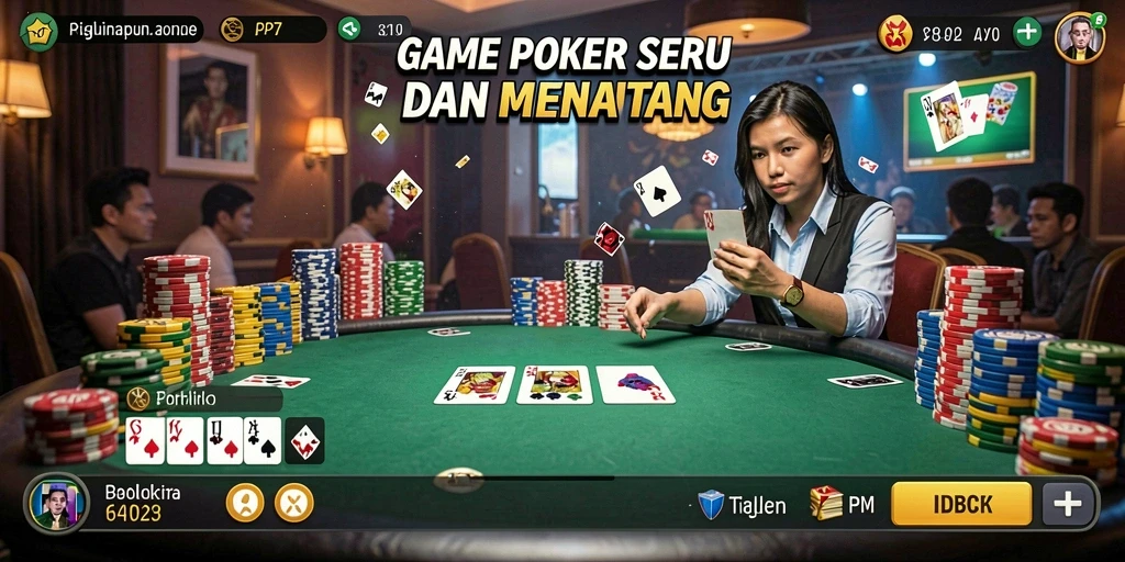 Screenshot gameplay PP7 menunjukkan suasana kompetitif poker yang mendebarkan.