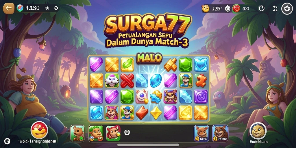 Screenshot SURGA77 memperlihatkan gameplay Match-3 yang menarik.