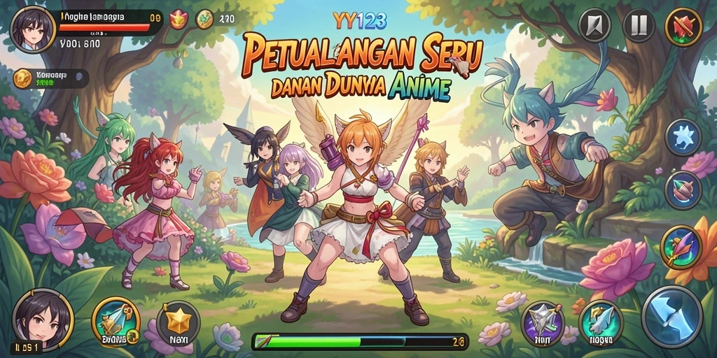 Tangkapan layar gameplay YY123 menampilkan karakter anime yang beraksi.